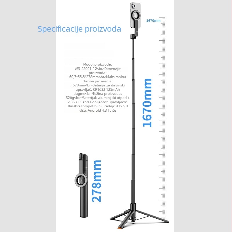 Aluminijski selfie štap stalak s Bluetoothom, 360° rotacijom, daljinskim upravljačem i mogućnošću prilagođavanja marke