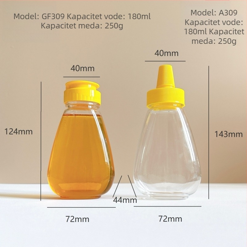 Staklenka za med s fan-oblikom za cijedjenje i silikonskim ventilom, PET plastika, model GF064, Yi Rui