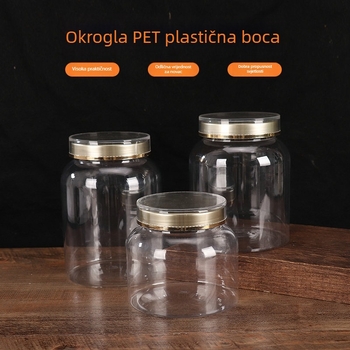 Plastična okrugla posuda s poklopcem, prozirna dozirna boca, PE materijal, sitotisk, mogućnost prilagođavanja