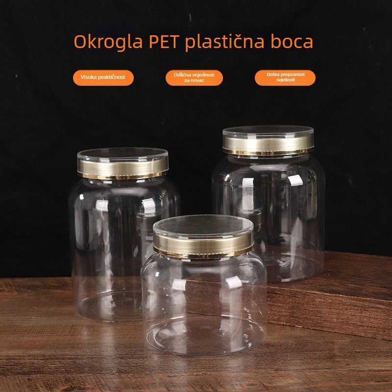 Plastična okrugla posuda s poklopcem, prozirna dozirna boca, PE materijal, sitotisk, mogućnost prilagođavanja