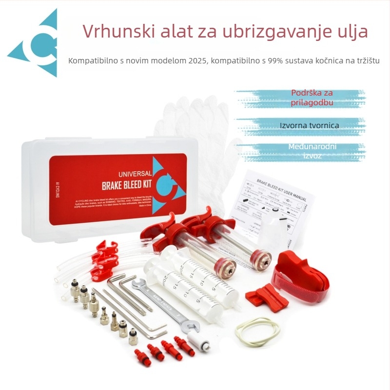 AI CYCLING Alat za punjenje ulja za hidraulične disk kočnice - za zamjenu i dopunjavanje ulja, plastična konstrukcija, 360 g, pakiranje u plastičnu ili metalnu kutiju, kompatibilan sa 99% disk kočnica
