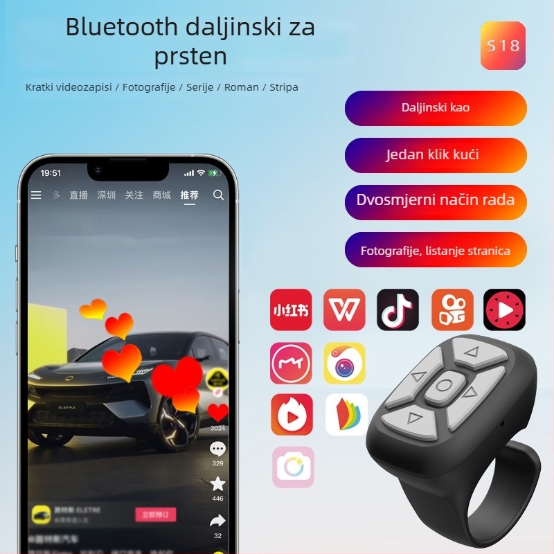 Bluetooth selfie prsten daljinsko upravljanje putem aplikacije, model S18, Bluetooth 4.0, ABS, težina 10 g