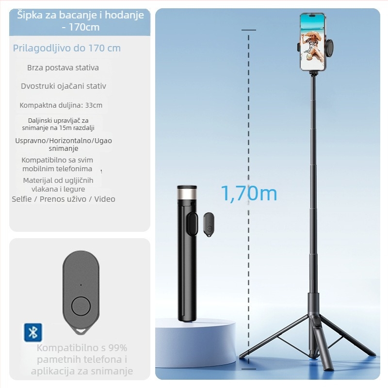 Selfie štapić i tripod za telefon, sve-u-jednom, prenosni teleskop Bluetooth s daljinskim upravljačem, legura, prilagodljiv, univerzalno