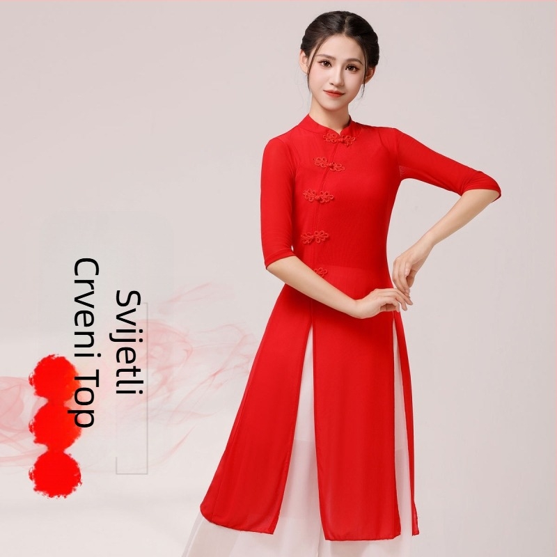 Trojedjelni klasični plesni komplet: srednje duljine Cheongsam Ao Dai set za square dance, etnički stil, tkanina 70% spandex