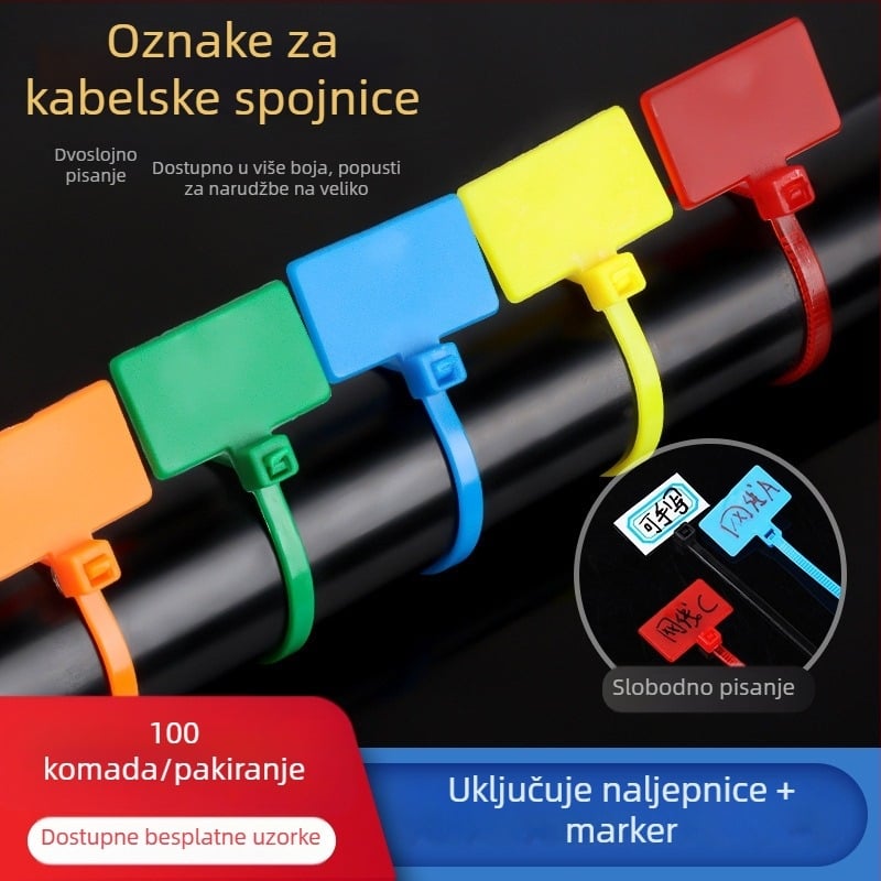 Kabelske stezaljke za označavanje PA66 materijal; Marka Jiutai; paket od 100 komada uz naljepnicu i olovku; Podrijetlo: Wenzhou, Zhejiang, Kina.