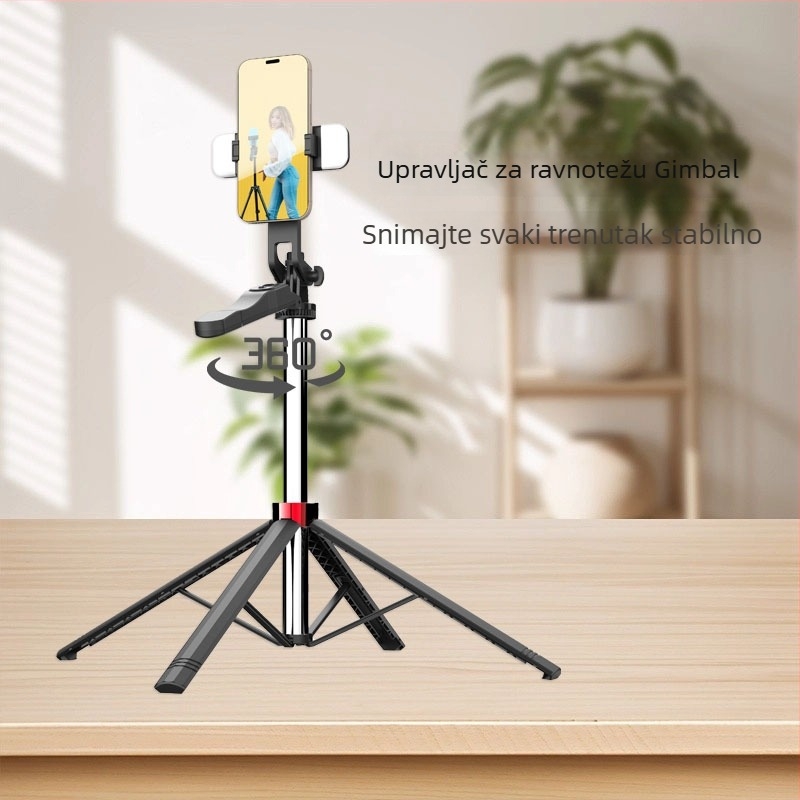 Selfie Stick s četveronođnim tripodom za vanjski live streaming, LED rasvjeta, proširivo, Bluetooth daljinsko upravljanje, protiv vibracija
