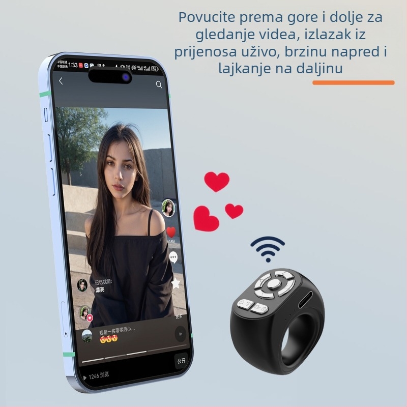 T33 Bluetooth 4.0 prstenasti daljinski upravljač za kameru tableta/telefona – ABS, 80 g, Selfie i prelistavanje stranica