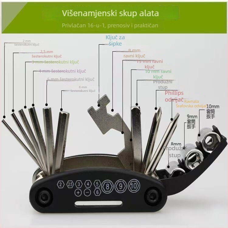 Alat za popravak bicikla 16-1 šesterokutni ključ, sklopivi, nehrđajući čelik, višenamjenski alat