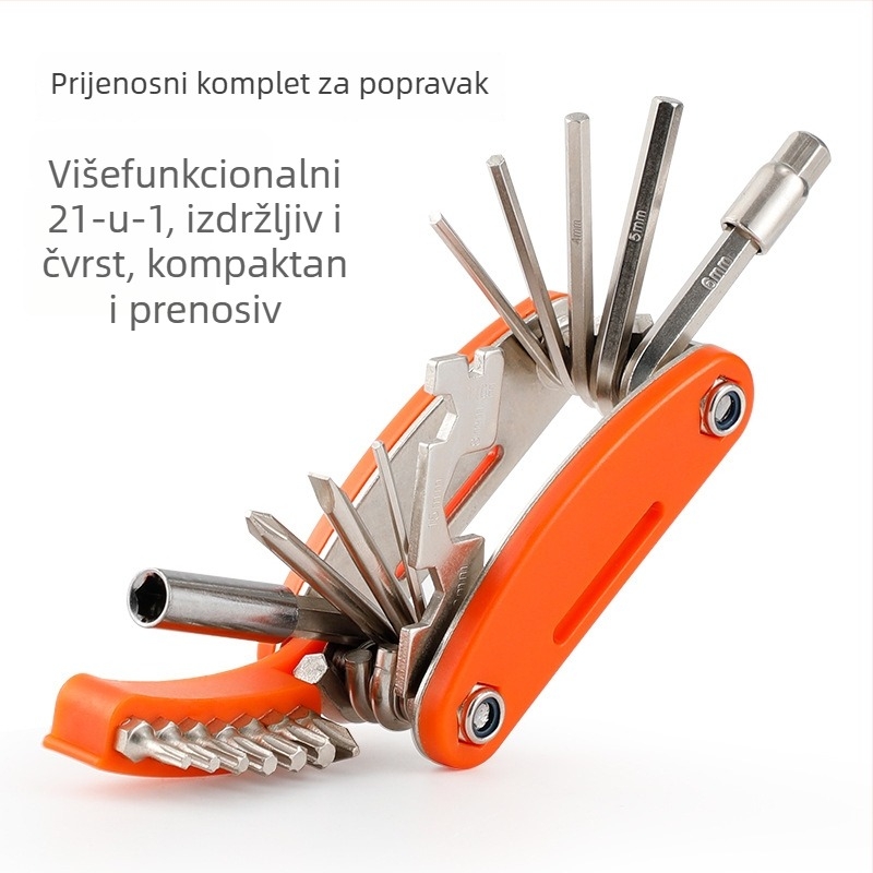 JetCool 21-in-1 sklopivi alat za popravak planinskog bicikla s kompletnom za zakrpe guma – karbonska čelika, prilagodljivo