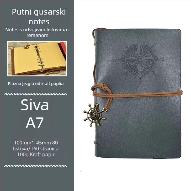 Retro dnevnik u europskom stilu s piratskom temom, s otvorenim listovima, korica od umjetne kože, kraft papirne stranice