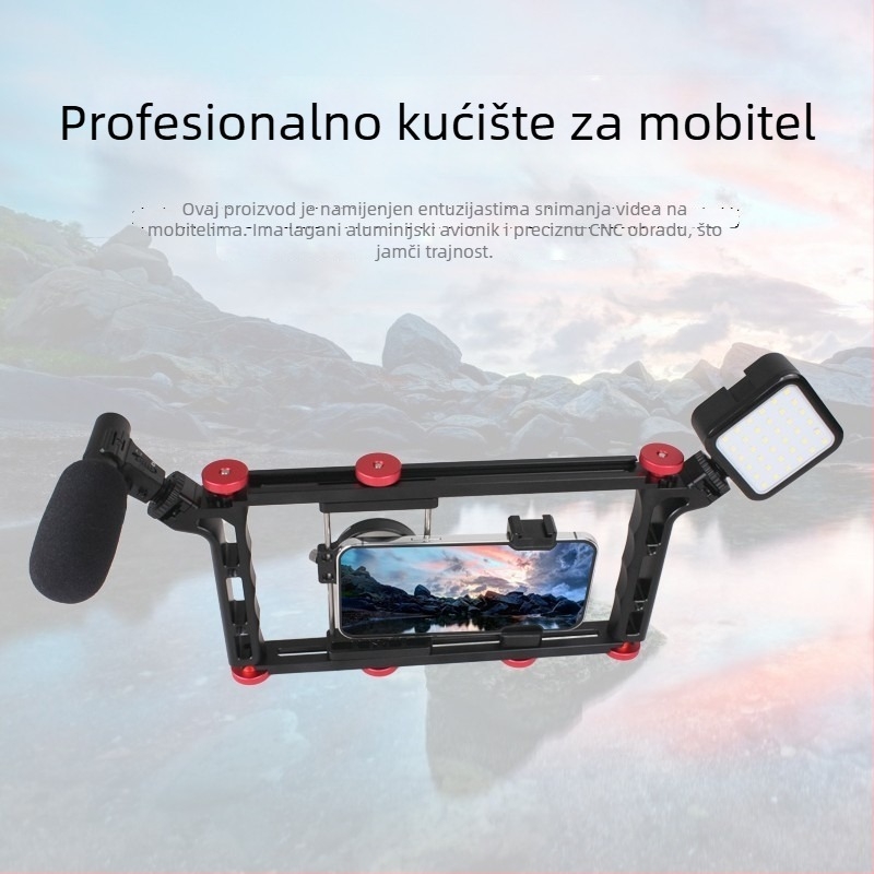 Okvir za telefon za live streaming sa svjetlom i stabilizatorom, aluminijski okvir – bez Bluetootha, bez daljinskog, mogućnost prilagođavanja