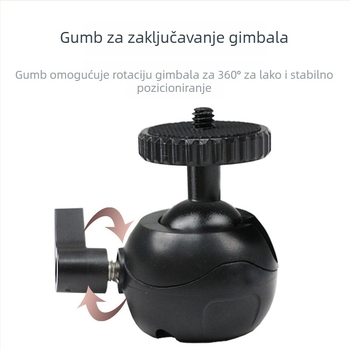 Mini prijenosni foto-tri pod s sfernim univerzalnim gimbalom za DSLR/mirrorless i mobitel — aluminijska legura + plast, 360° horizontalna rotacija, 90° vertikalna rotacija, 55 g