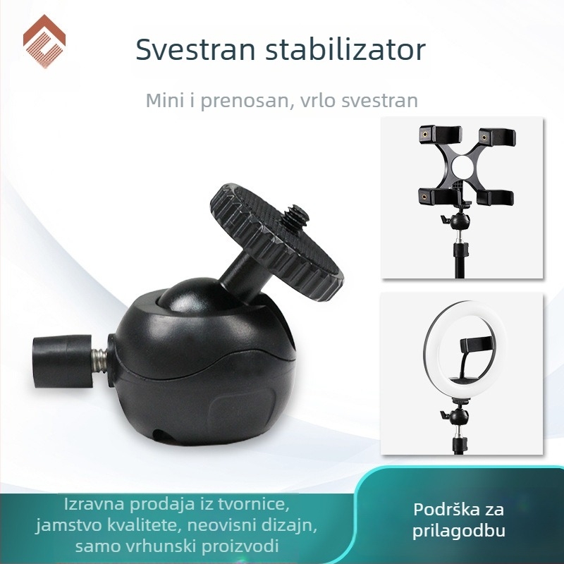 Mini prijenosni foto-tri pod s sfernim univerzalnim gimbalom za DSLR/mirrorless i mobitel — aluminijska legura + plast, 360° horizontalna rotacija, 90° vertikalna rotacija, 55 g