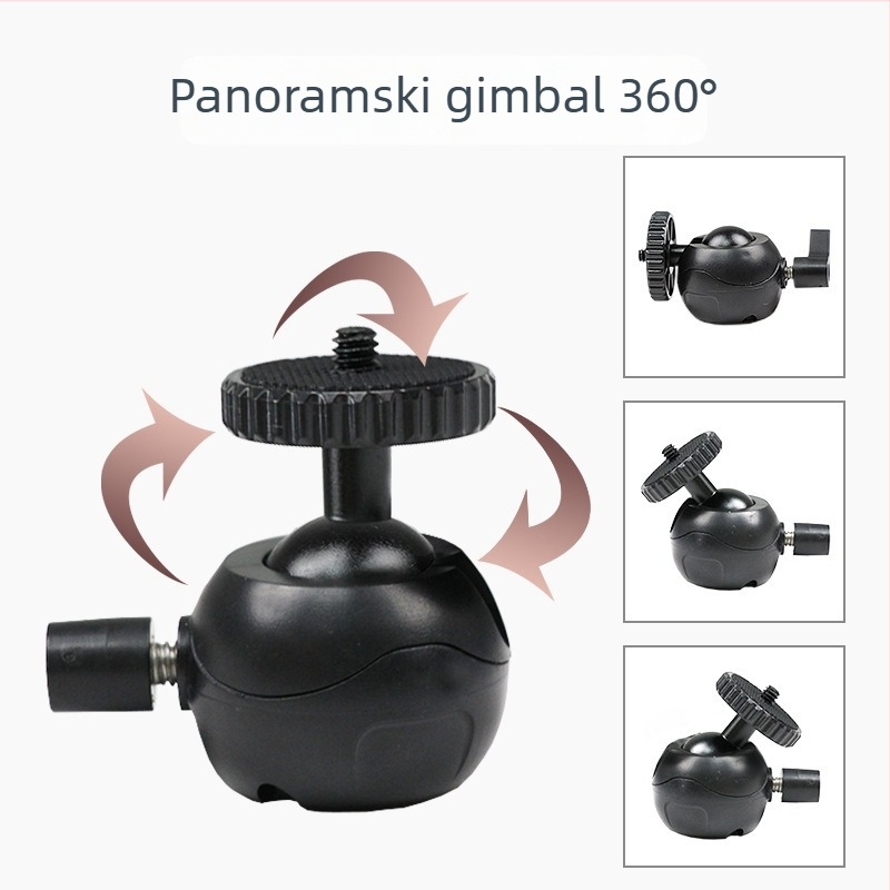 Mini prijenosni foto-tri pod s sfernim univerzalnim gimbalom za DSLR/mirrorless i mobitel — aluminijska legura + plast, 360° horizontalna rotacija, 90° vertikalna rotacija, 55 g