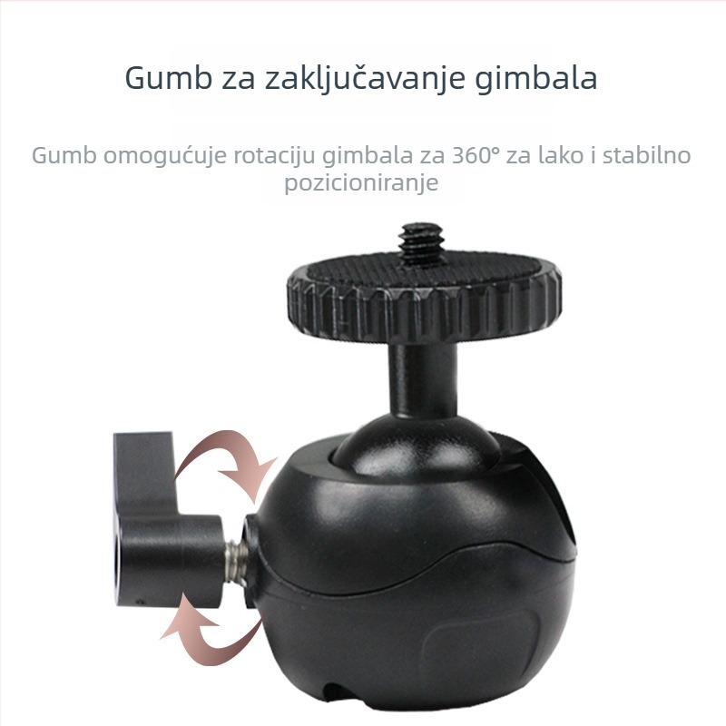 Mini prijenosni foto-tri pod s sfernim univerzalnim gimbalom za DSLR/mirrorless i mobitel — aluminijska legura + plast, 360° horizontalna rotacija, 90° vertikalna rotacija, 55 g
