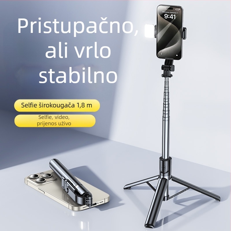 Z7 Selfie štap od aluminijske legure s tripodom, Bluetooth daljinskim upravljanjem, proširivi držač za telefon i svjetlo za live streaming