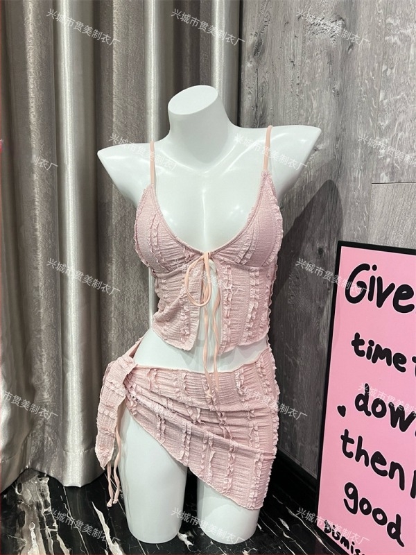 Bikini set u korejskom stilu, tri dijela, visok struk, bez leđa, napunjeni vrh, najlon 82% / Spandex 18%