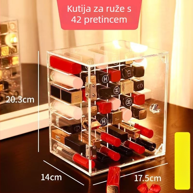 Akrilni organizator kozmetike s višestrukim odjeljcima za ruž i sjaj za usne, otporan na prašinu, moderan minimalistički stil