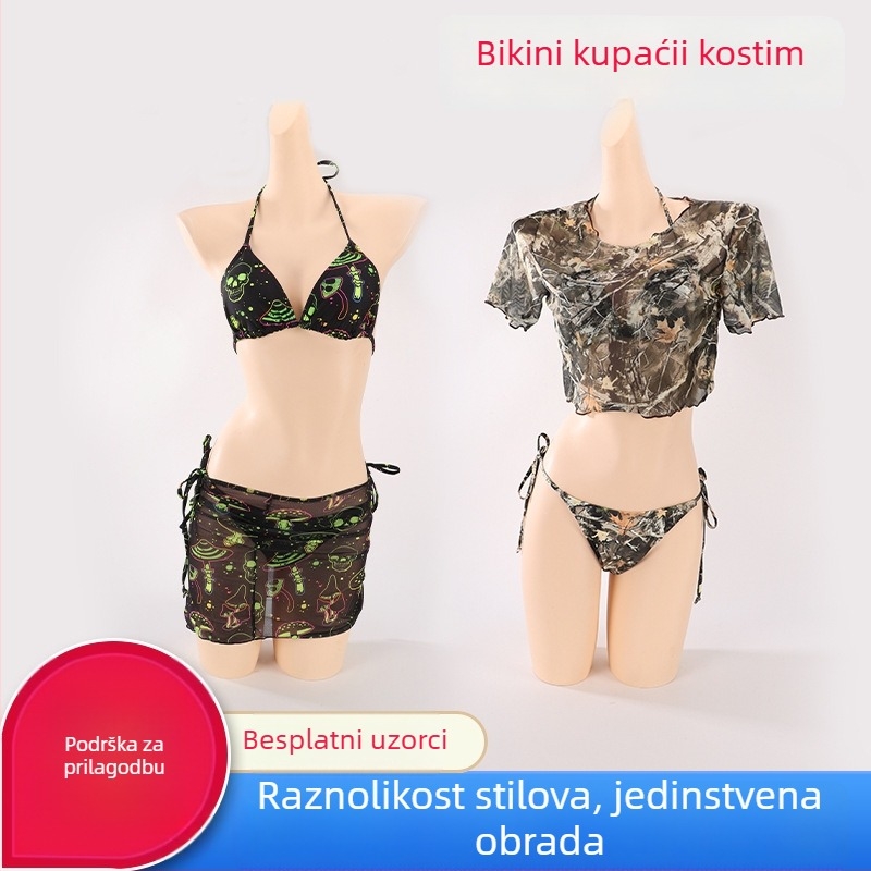 Ženski bikini set – cvjetni uzorak, bez rukava, gaćice briefs, s jastučićem za prsima, poliester, podstava od spandexa