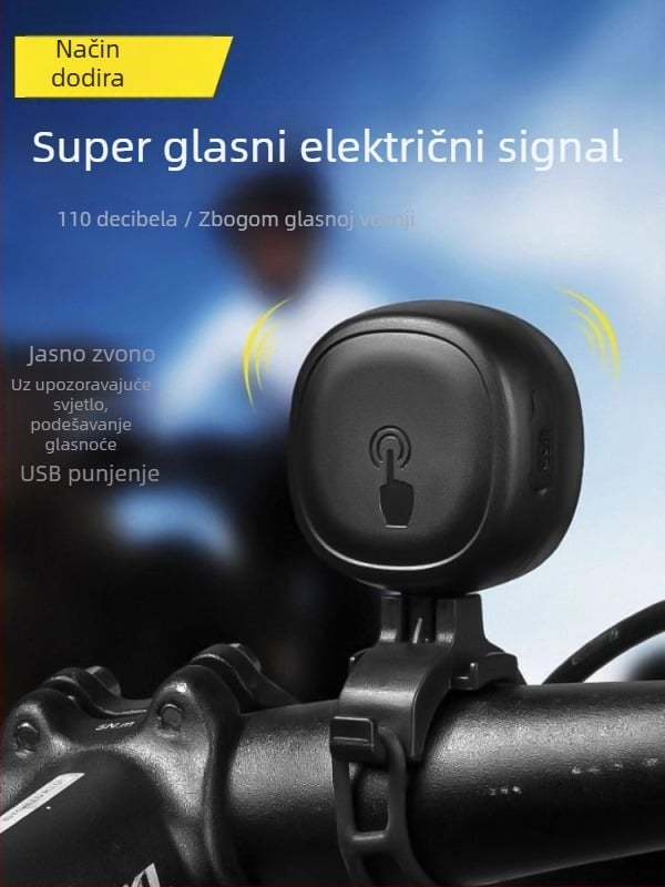 LD69 Biciklistički dodirni rog, punjivi električni zvučnik s visokim decibelom i upozoravajućim svjetlom, plastično kućište