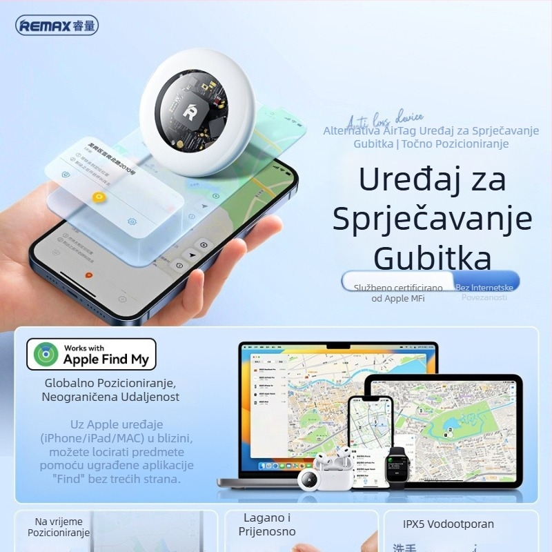 REMAX iOS-kompatibilni anti-izgub tracker, vodootporan, prilagodljiv logotip, 230mAh baterija, težina 7 g