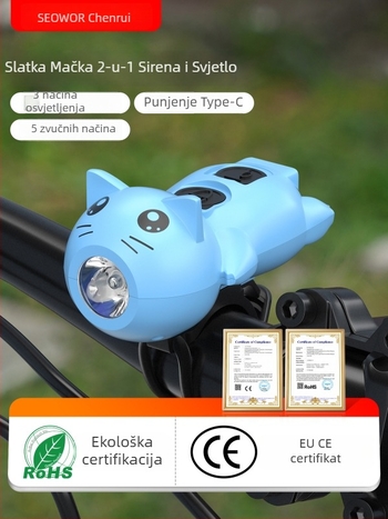 Dječje prednje svjetlo za bicikl, punjivo, visokoučinkovita LED, klaxon i zvono, pričvršćivanje remenom