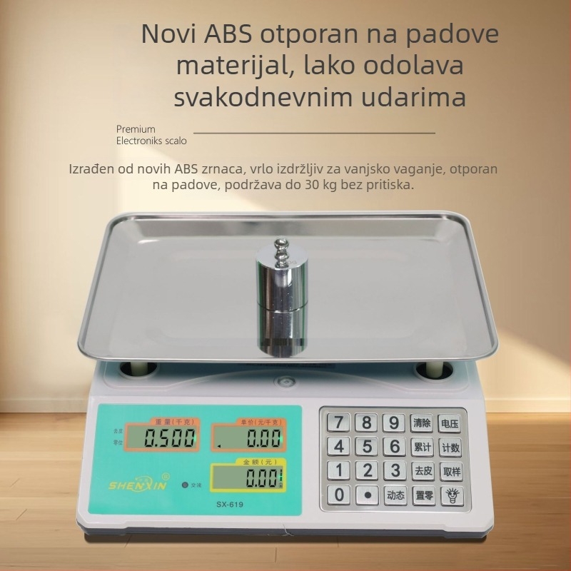 Shenxin 30 kg elektronička vaga za štandove – visoka preciznost, raspon mjere 10 g–30 kg, model 619 s gumbom od nehrđajućeg čelika, Napajanje: mreža ili baterija, Idealan za određivanje cijena povrća
