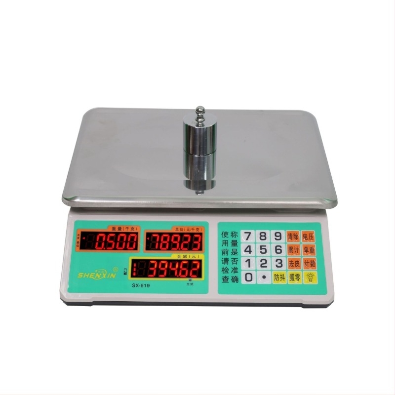 Shenxin 30 kg elektronička vaga za štandove – visoka preciznost, raspon mjere 10 g–30 kg, model 619 s gumbom od nehrđajućeg čelika, Napajanje: mreža ili baterija, Idealan za određivanje cijena povrća