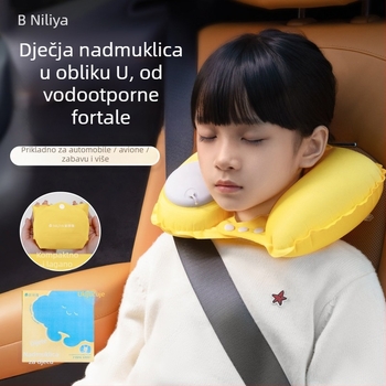 Dječji napuhljivi U-oblikovani putni jastuk za vrat, prijenosan, s plišanim pokrovom, podrška vrata