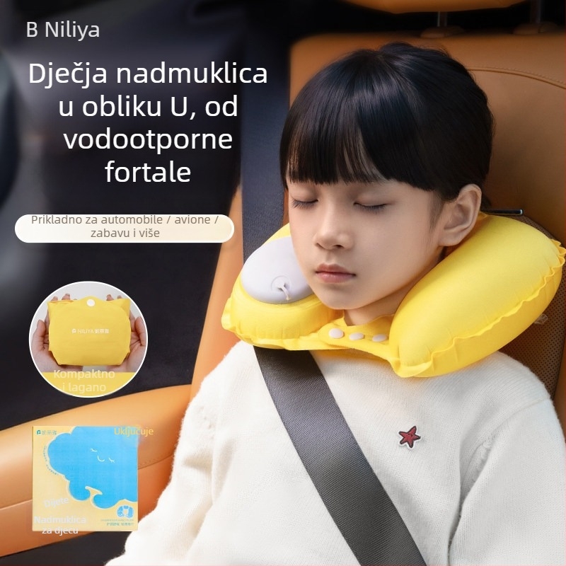 Dječji napuhljivi U-oblikovani putni jastuk za vrat, prijenosan, s plišanim pokrovom, podrška vrata