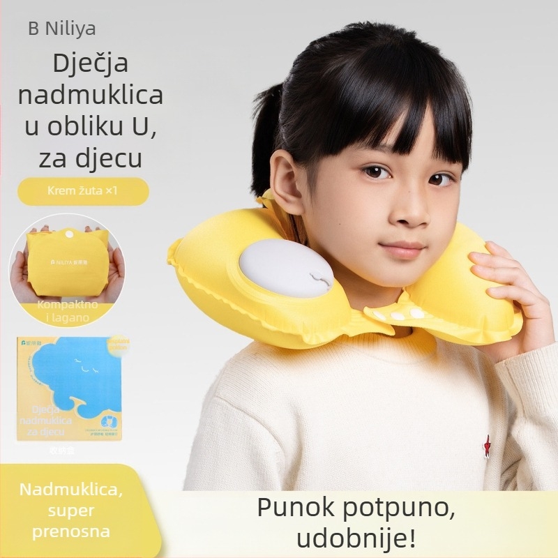 Dječji napuhljivi U-oblikovani putni jastuk za vrat, prijenosan, s plišanim pokrovom, podrška vrata