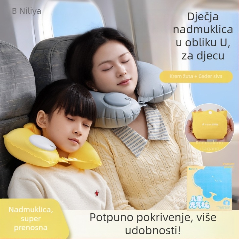 Dječji napuhljivi U-oblikovani putni jastuk za vrat, prijenosan, s plišanim pokrovom, podrška vrata