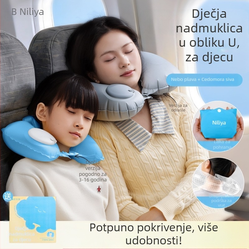Dječji napuhljivi U-oblikovani putni jastuk za vrat, prijenosan, s plišanim pokrovom, podrška vrata