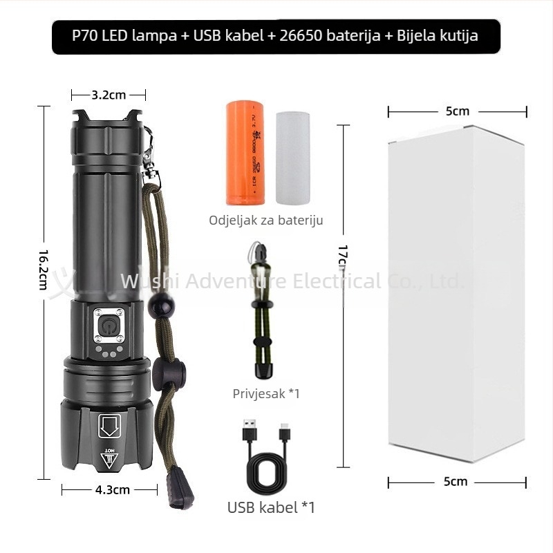 Adventurer LED flashlight od aluminijske legure s optičkim zumom, punjiva, 20W, doseg najmanje 500 m