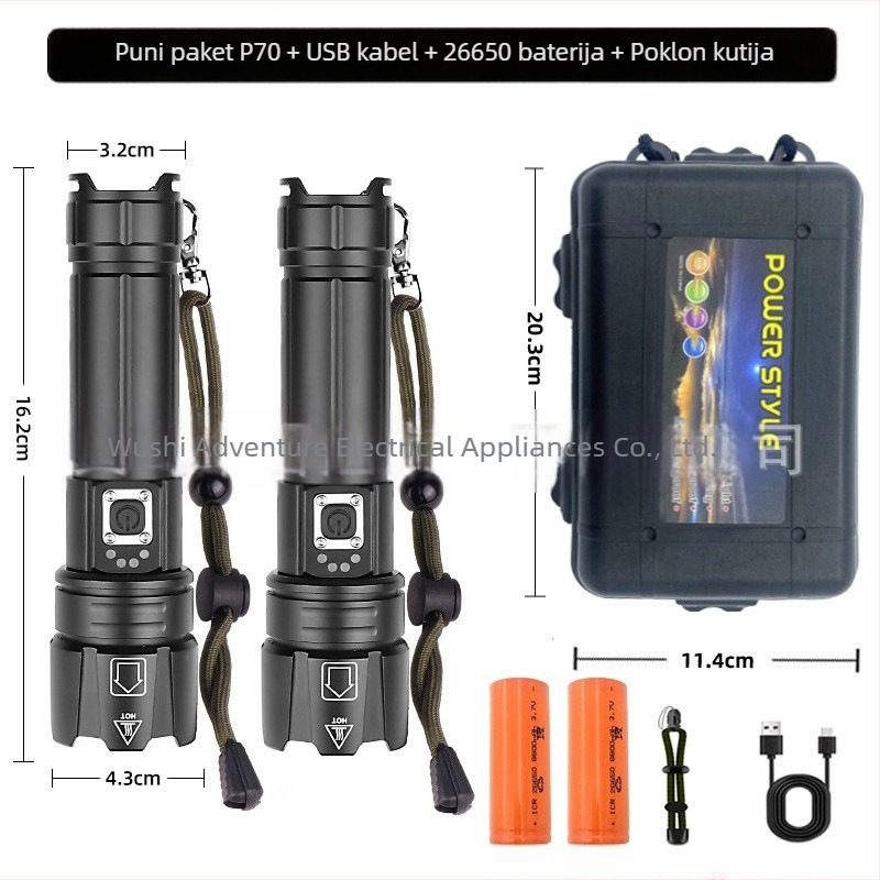 Adventurer LED flashlight od aluminijske legure s optičkim zumom, punjiva, 20W, doseg najmanje 500 m
