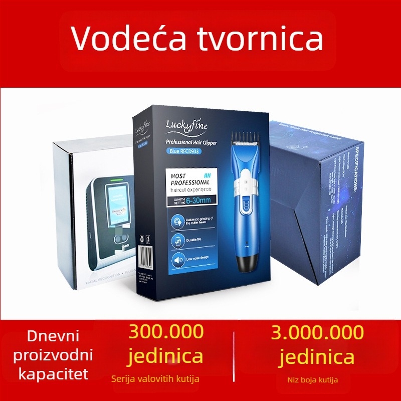 Kutija za pakiranje elektroničkih proizvoda — prilagodljiva za britvice i Bluetooth slušalice; moguć tisak logotipa; 250gsm bijeli karton + valoviti karton; završne obrade: flokanje, offset tisak, sitotisak, reljef, UV tisak, graviranje, vruće utiskivanje