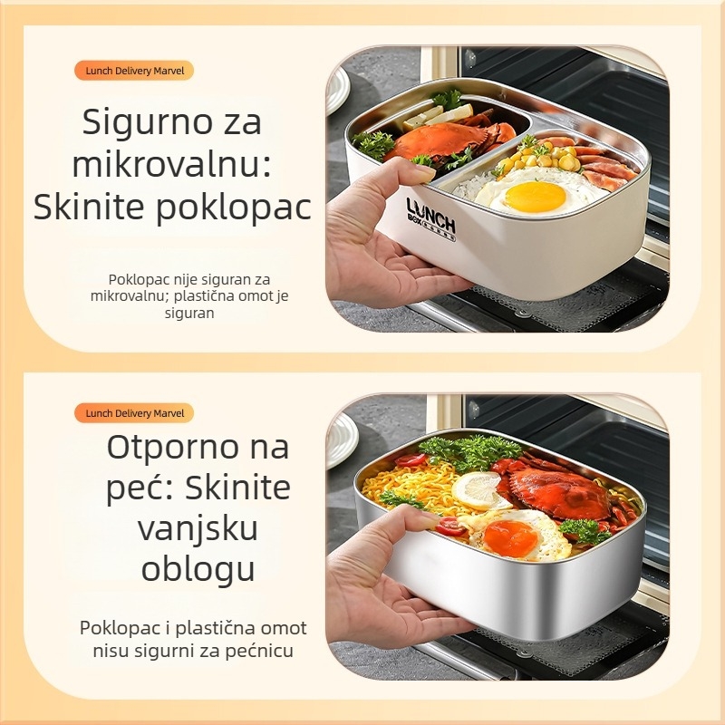 Kutija za ručak od 304 nehrđajućeg čelika, trodijelna podjela, mikrotalasna pećnica sigurna, može se zagrijati kipućom vodom, kapacitet 1–2 L