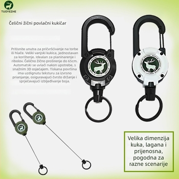 Izvlačni karabiner za ključeve s čeličnim kabelom, kružnog oblika, nikl materijal, nosivost 5 kg, mogućnost prilagodbe