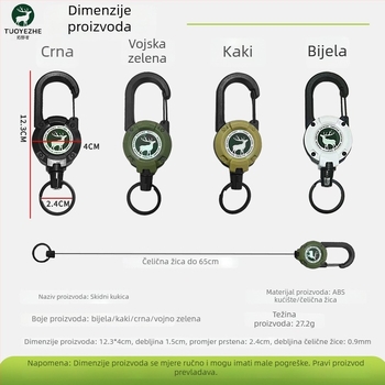 Izvlačni karabiner za ključeve s čeličnim kabelom, kružnog oblika, nikl materijal, nosivost 5 kg, mogućnost prilagodbe