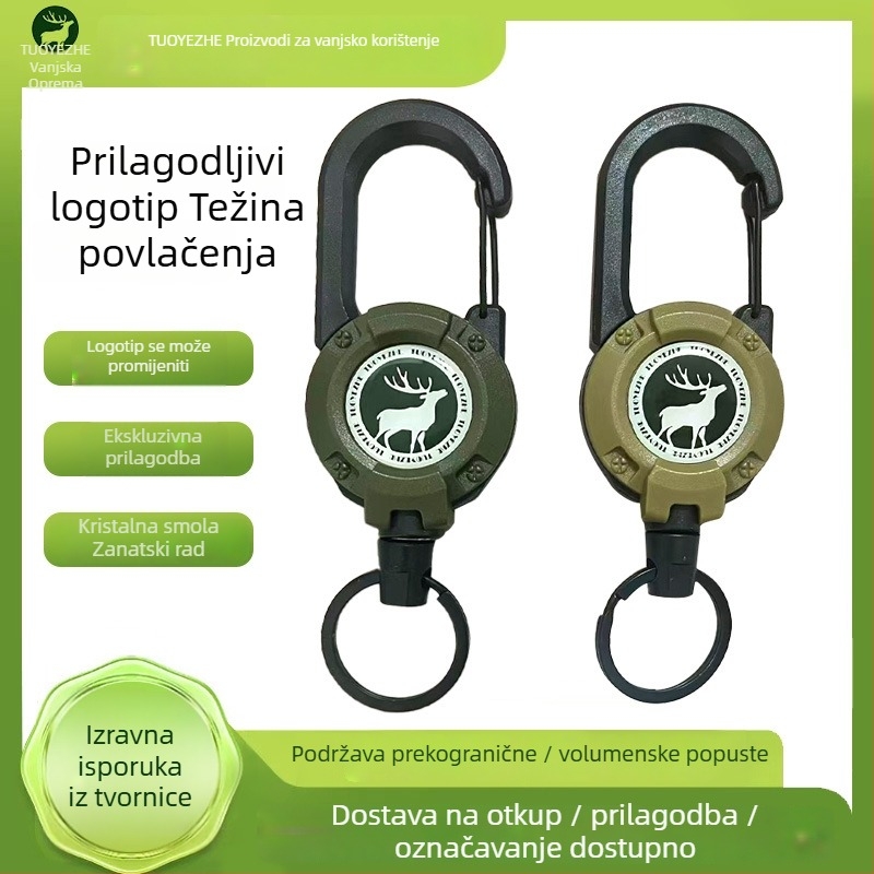 Izvlačni karabiner za ključeve s čeličnim kabelom, kružnog oblika, nikl materijal, nosivost 5 kg, mogućnost prilagodbe
