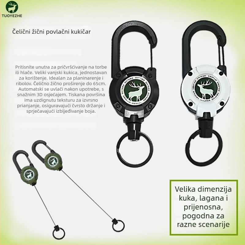 Izvlačni karabiner za ključeve s čeličnim kabelom, kružnog oblika, nikl materijal, nosivost 5 kg, mogućnost prilagodbe