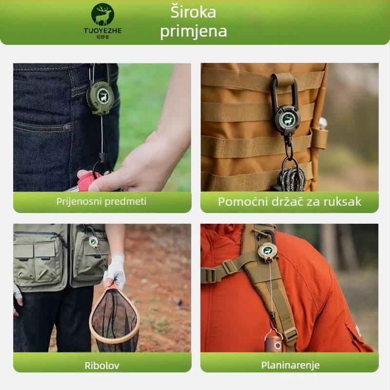 Izvlačni karabiner za ključeve s čeličnim kabelom, kružnog oblika, nikl materijal, nosivost 5 kg, mogućnost prilagodbe