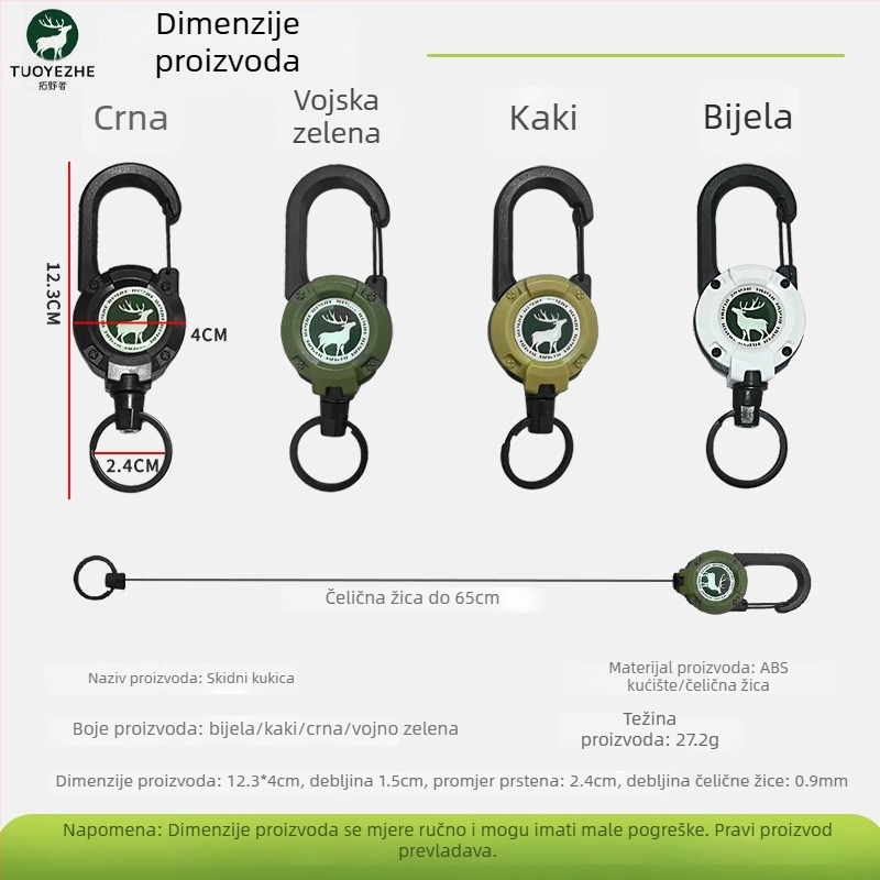 Izvlačni karabiner za ključeve s čeličnim kabelom, kružnog oblika, nikl materijal, nosivost 5 kg, mogućnost prilagodbe