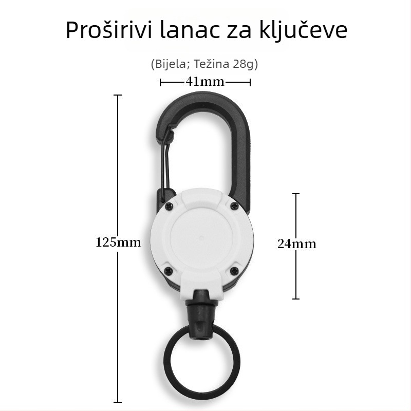 Izvlačni karabiner za ključeve s čeličnim kabelom, kružnog oblika, nikl materijal, nosivost 5 kg, mogućnost prilagodbe