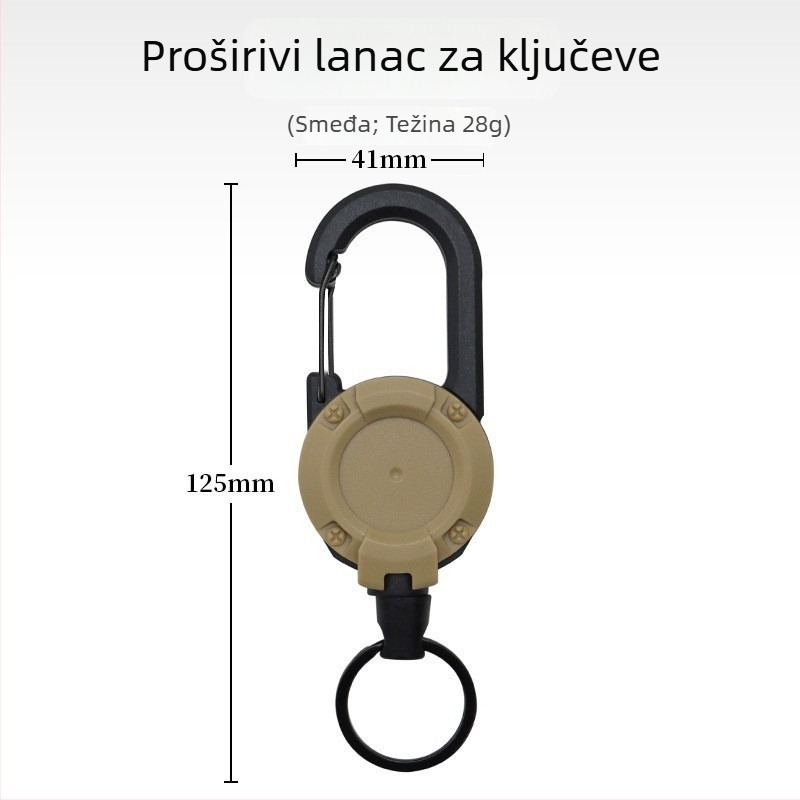 Izvlačni karabiner za ključeve s čeličnim kabelom, kružnog oblika, nikl materijal, nosivost 5 kg, mogućnost prilagodbe
