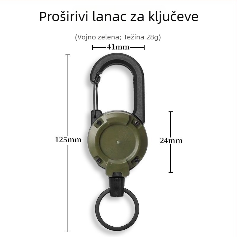 Izvlačni karabiner za ključeve s čeličnim kabelom, kružnog oblika, nikl materijal, nosivost 5 kg, mogućnost prilagodbe