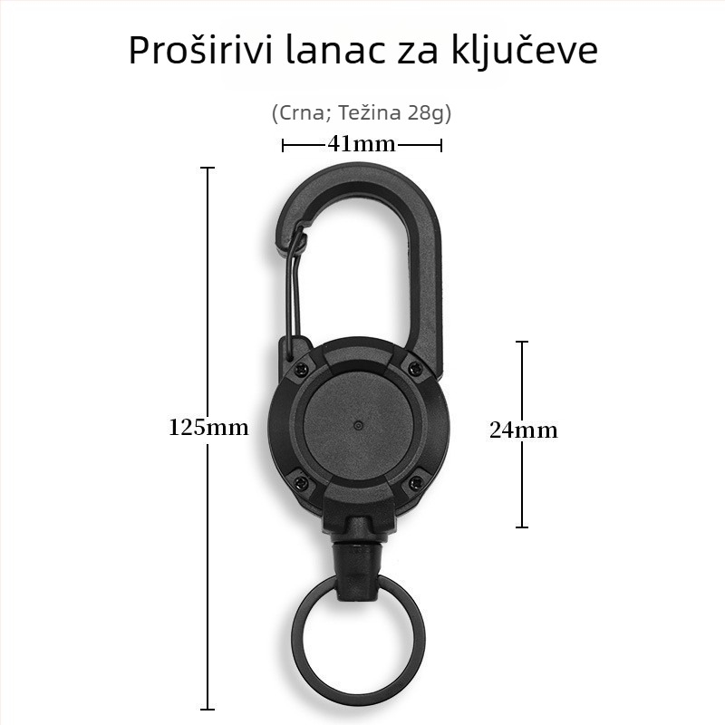 Izvlačni karabiner za ključeve s čeličnim kabelom, kružnog oblika, nikl materijal, nosivost 5 kg, mogućnost prilagodbe