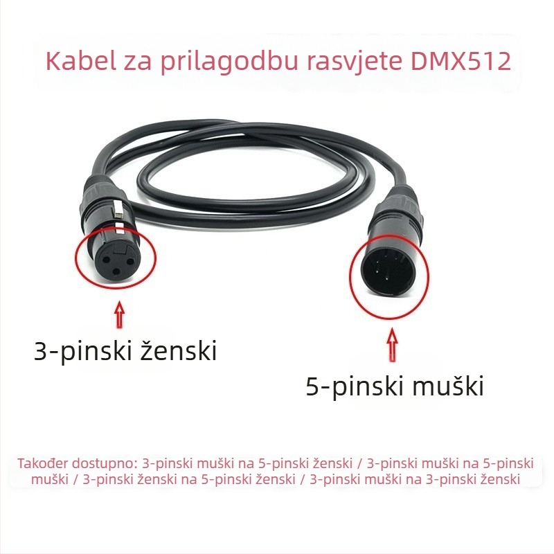 DMX512 XLR kabel za pozornu rasvjetu, konverzija 3-polni muški na 5-polni ženski / 3-polna ženska na 5-polni muški, bakar, niklani kontakti, RoHS