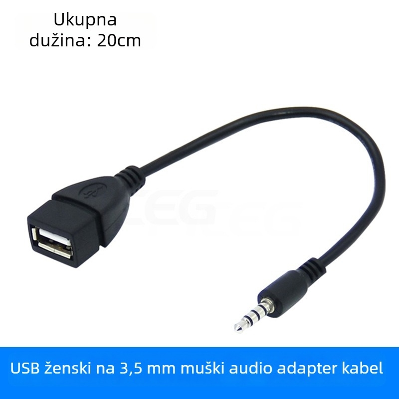 USB na 3,5 mm AUX audio adapter kabel za automobil iPod; bakrena jezgra s niklinskim premazom.