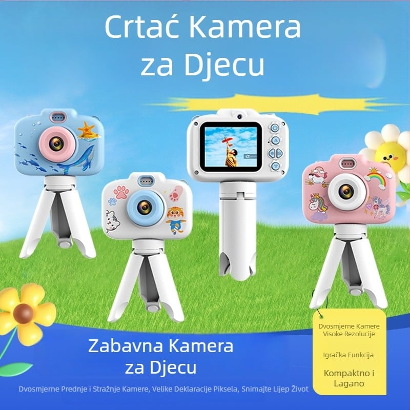 Dječja digitalna kamera s dvjema prednjim i stražnjim kamerama, 96 milijuna piksela, tijelo od ABS-a, 12-satna baterija, značajke: igre, filtri, naljepnice za fotografije